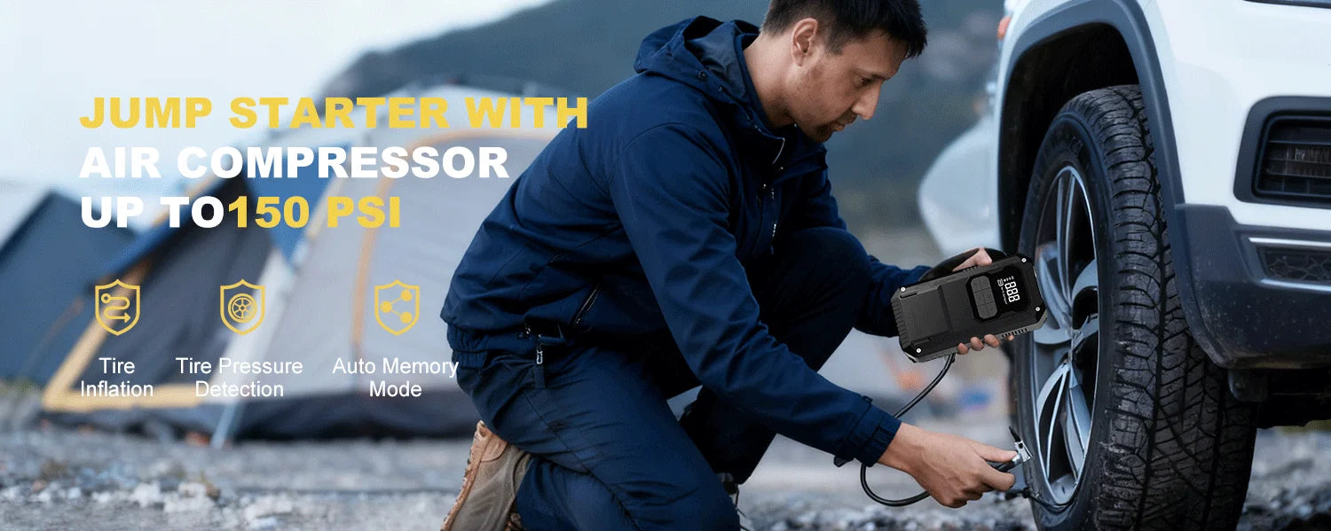 Arrancador de Batería 12V 2500A con Compresor, Powerbank y Luz LED de Emergencia 4-en-1 