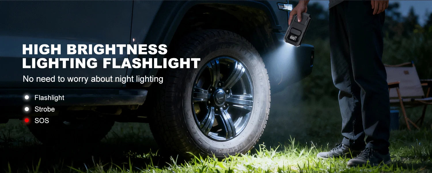 Arrancador de Batería 12V 2500A con Compresor, Powerbank y Luz LED de Emergencia 4-en-1 