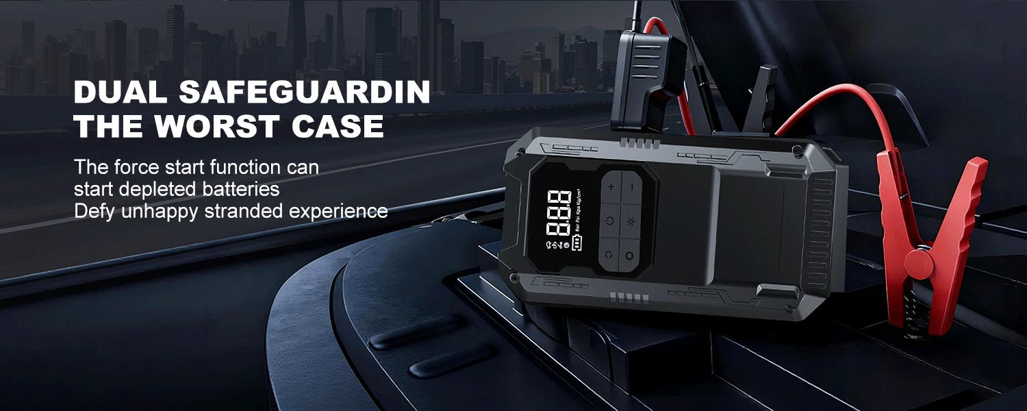 Arrancador de Batería 12V 2500A con Compresor, Powerbank y Luz LED de Emergencia 4-en-1 