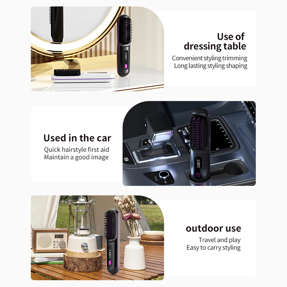 Cepillo Alisador Inalámbrico de Cerámica con LCD, Iones Negativos y 3 Niveles de Temperatura USB Tipo C