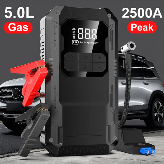 Arrancador de Batería 12V 2500A con Compresor, Powerbank y Luz LED de Emergencia 4-en-1 