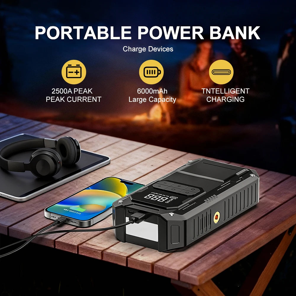 Arrancador de Batería 12V 2500A con Compresor, Powerbank y Luz LED de Emergencia 4-en-1 