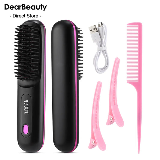 Cepillo Alisador Inalámbrico de Cerámica con LCD, Iones Negativos y 3 Niveles de Temperatura USB Tipo C