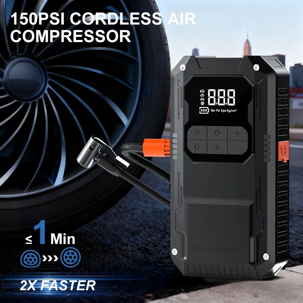 Arrancador de Batería 12V 2500A con Compresor, Powerbank y Luz LED de Emergencia 4-en-1