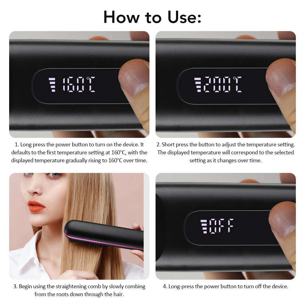 Cepillo Alisador Inalámbrico de Cerámica con LCD, Iones Negativos y 3 Niveles de Temperatura USB Tipo C